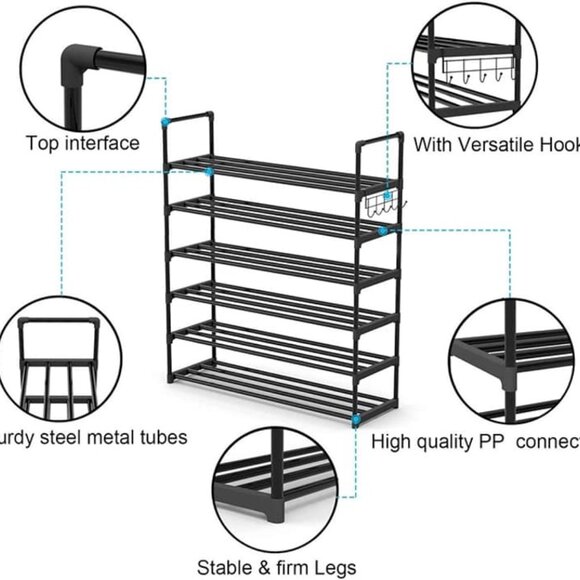 NEW 6 Tiers Metal Shoe Rack, Adjustable Shoe Shelf Storage Organizer - Picture 7 of 8